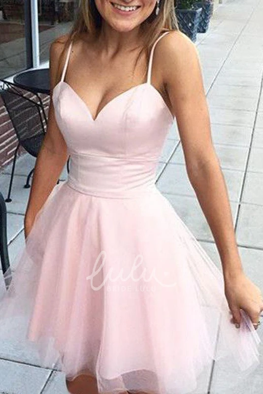 Simple Casual Satin Tulle A-line Short Spaghetti Straps Homecoming Dress