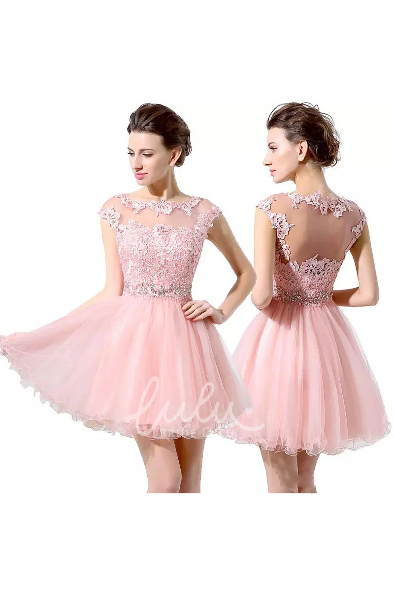 A-line Lace Tulle Short Mini Homecoming Dress with Beading and Pleats