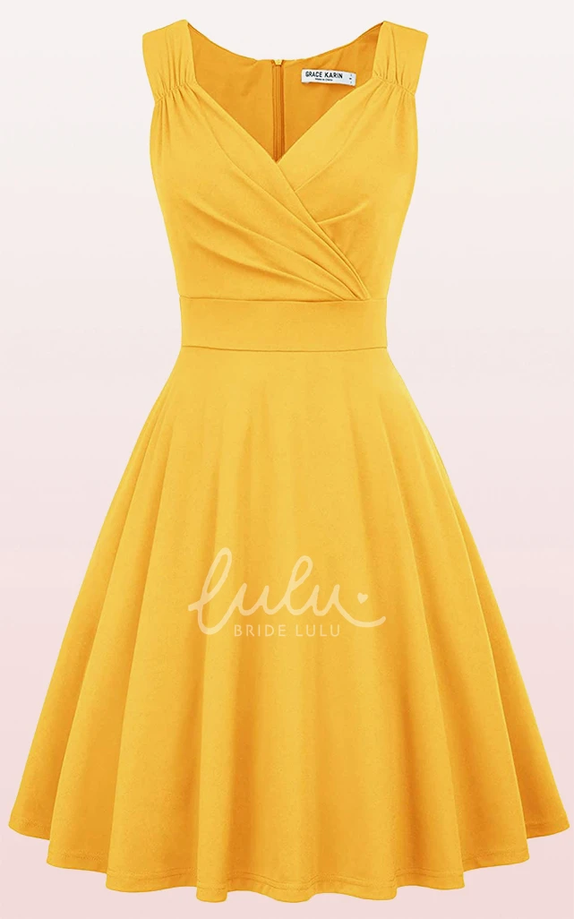 Sleeveless A Line Jersey V-neck Cocktail Dress with Ruffles Casual Prom Dress