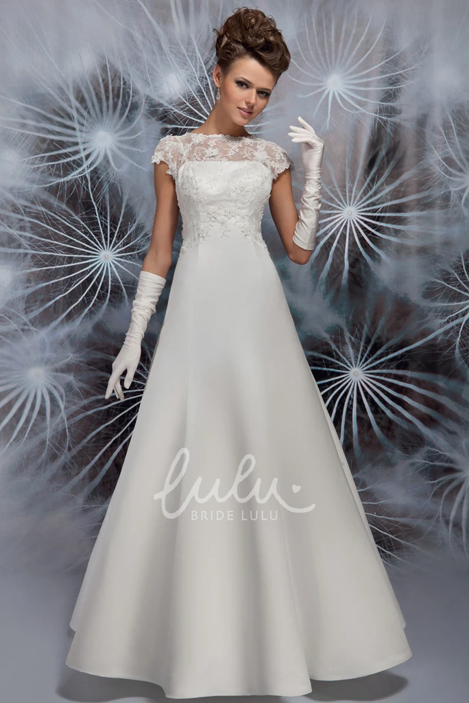 Jewel-Neck Cap-Sleeve Satin A-Line Wedding Dress with Illusion and Elegant Design