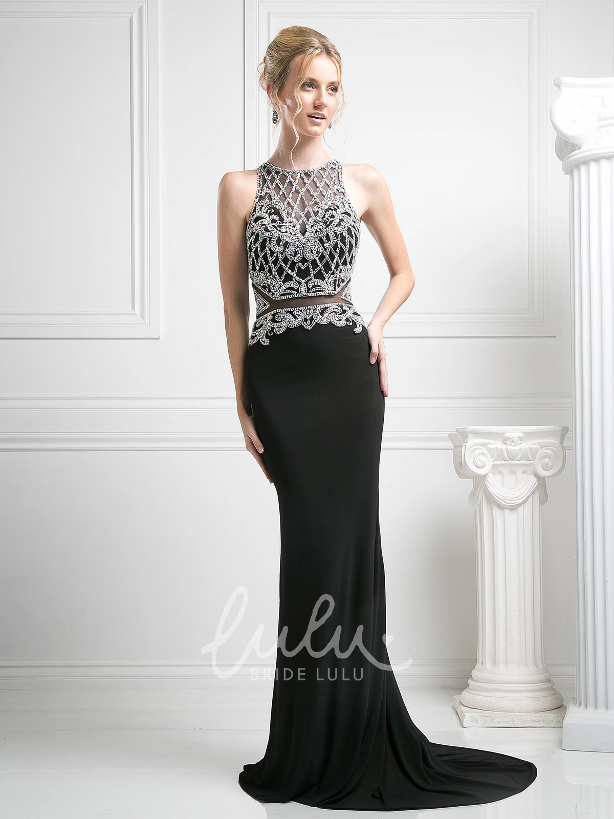 Court Train Jersey Pencil Formal Dress with Keyhole and Beading