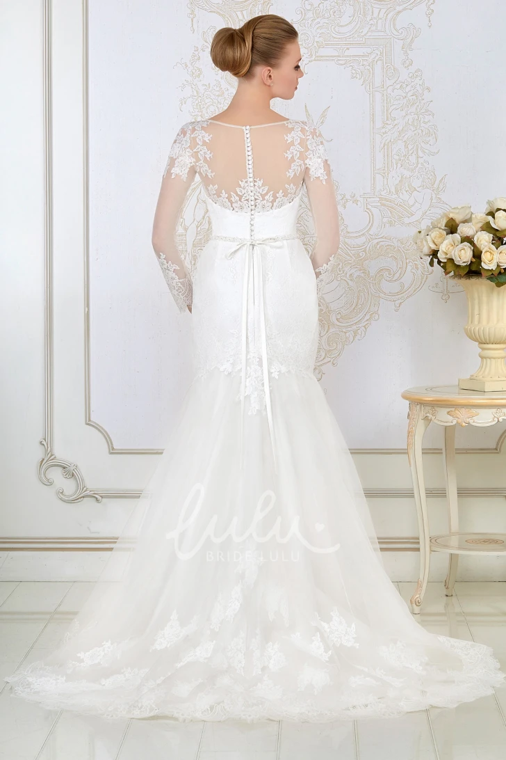 Lace Mermaid Long-Sleeve Jewel-Neck Wedding Dress with Waist Jewelry