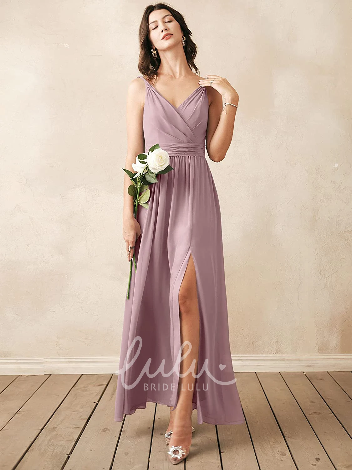Sleeveless V-neck Chiffon A-line Bridesmaid Dress with Ruching Romantic