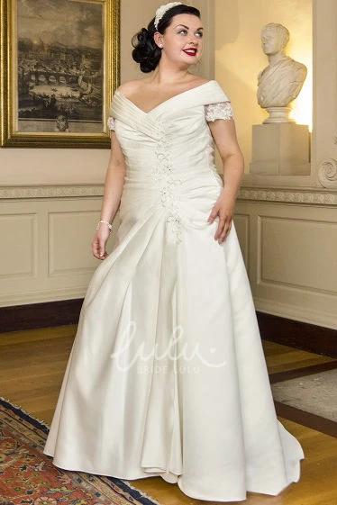 Off-Shoulder Taffeta Lace Wedding Dress with Short Sleeves and Pink Floral Sash