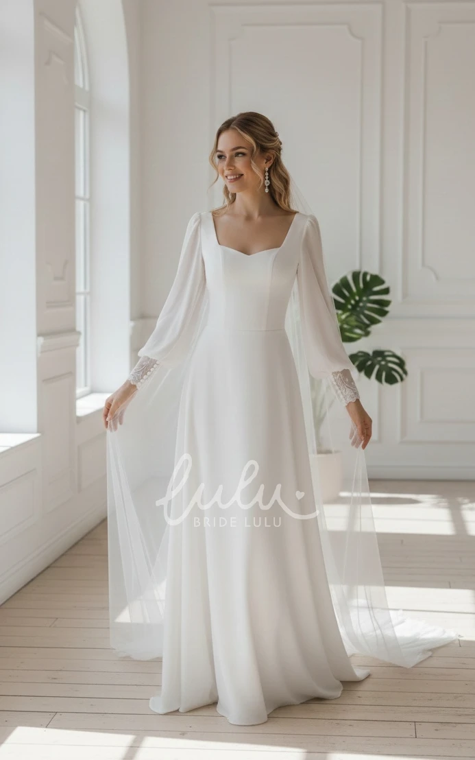 Modest Long Sleeve A-Line Sweetheart Floor Spring Wedding Dress Casual Pure Elegant Button Back Gown