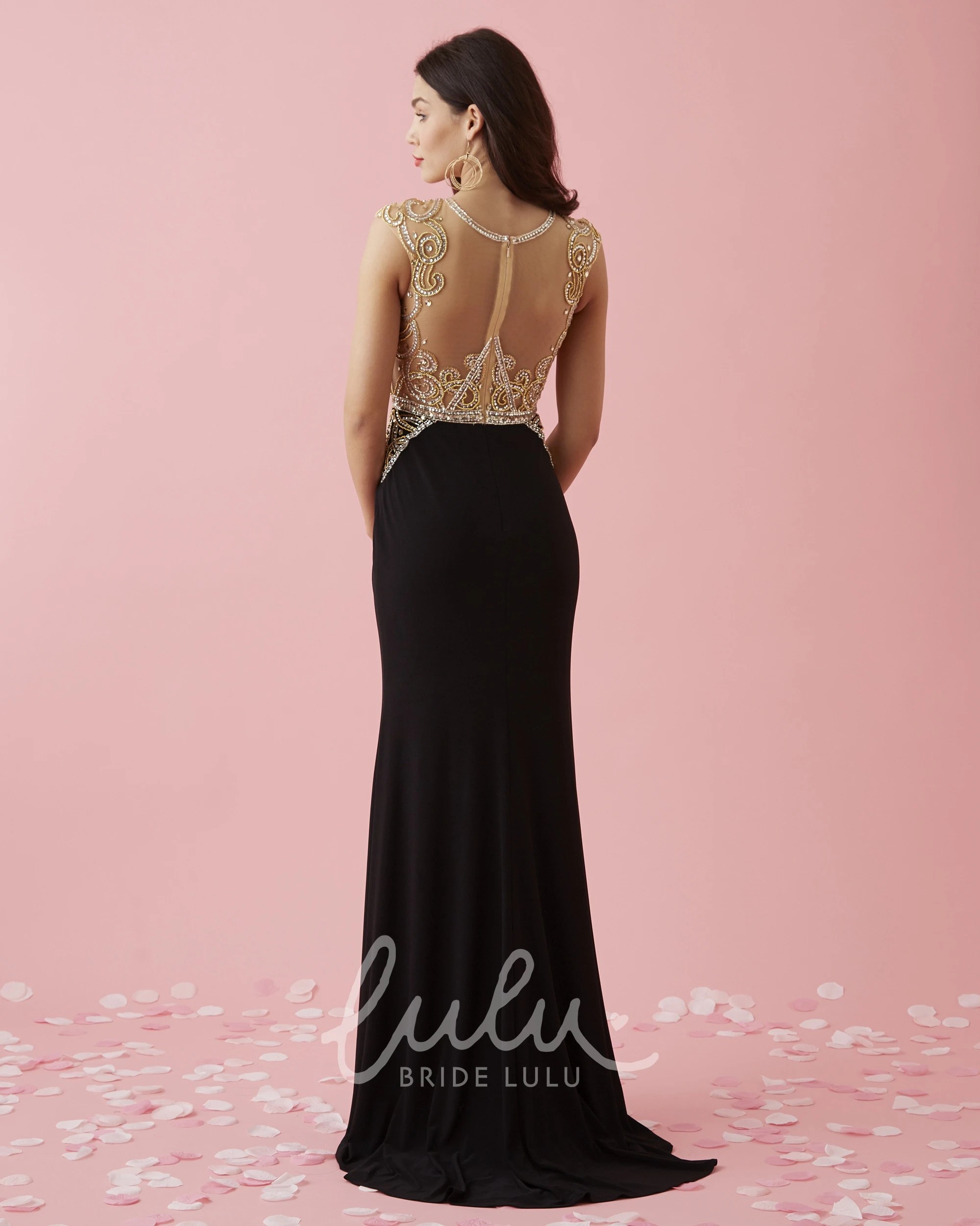 Long Cap-Sleeve Sheath Jersey Dress with V-Neck and Beading Evening Dress