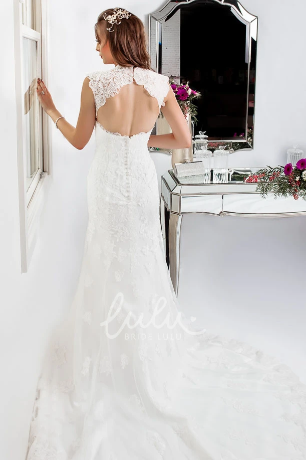 Queen-Anne Appliqued Lace Sheath Wedding Dress with Keyhole Back and Waist Jewelry Modern Wedding Dress