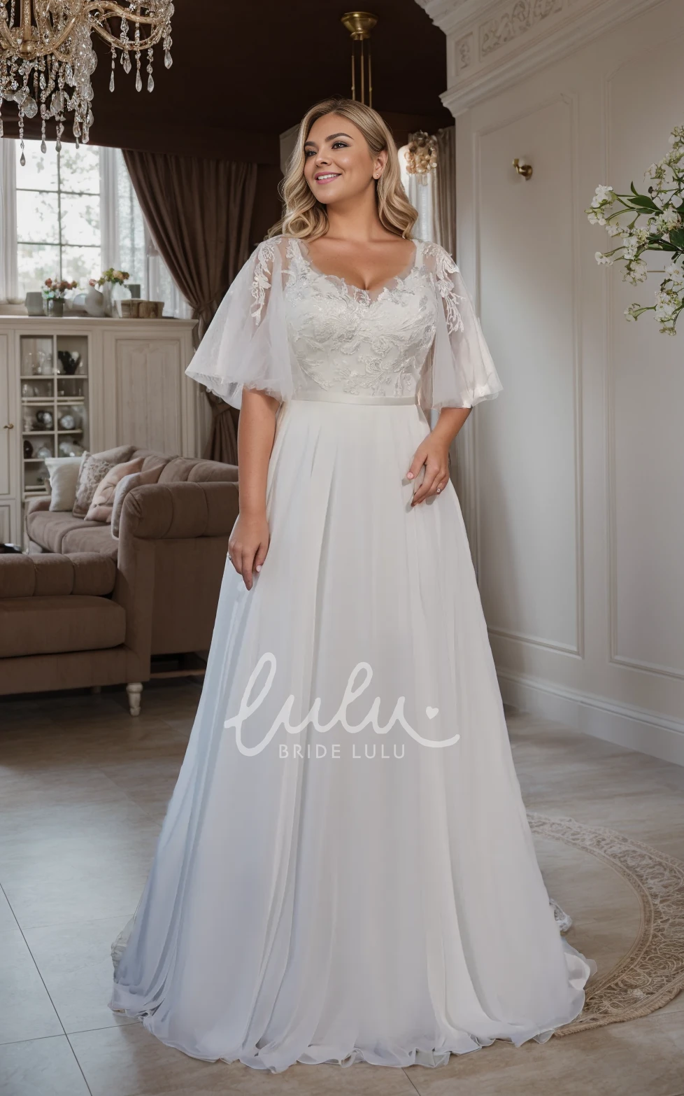Flowy Elegant Plus Size A-Line Lace Tulle V-Neck Winter Wedding Dress Modest Vintage Short Bell Sleeve Chiffon Court Train Bridal Gown