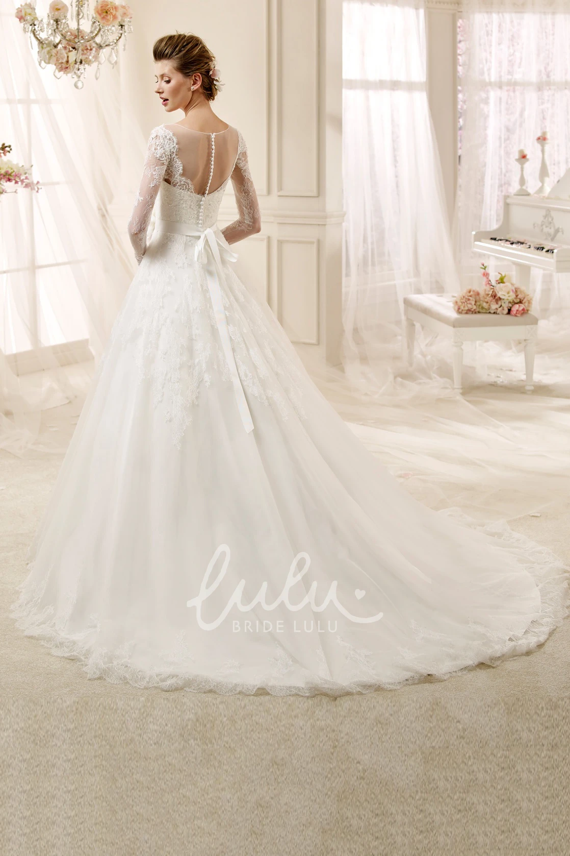 Long-sleeve A-line Wedding Dress with Flower and Illusive Design Modern & Unique Wedding Dress