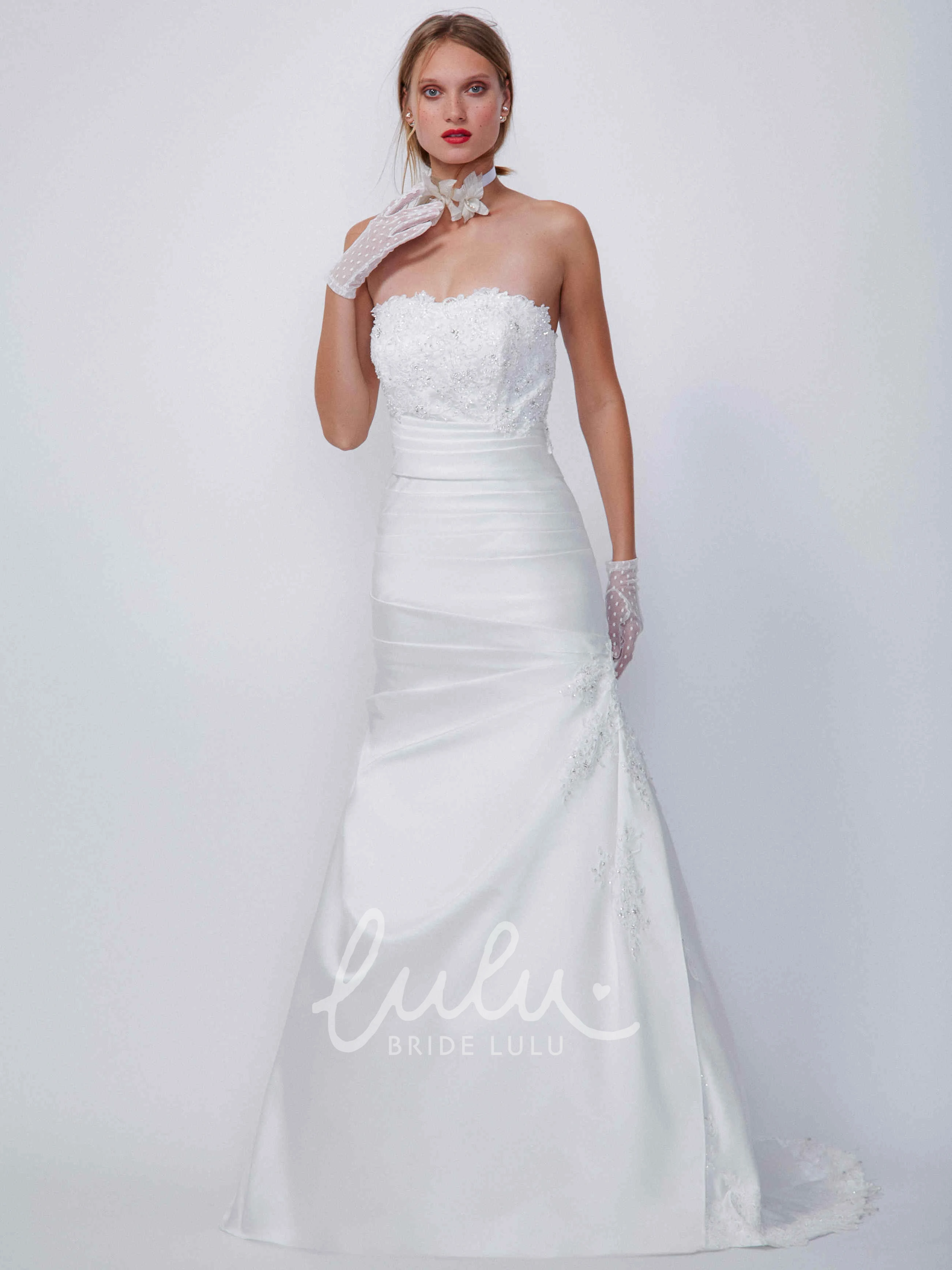 Beaded Satin Strapless Bridesmaid Dress with Side Draping A-Line Bridal Gown