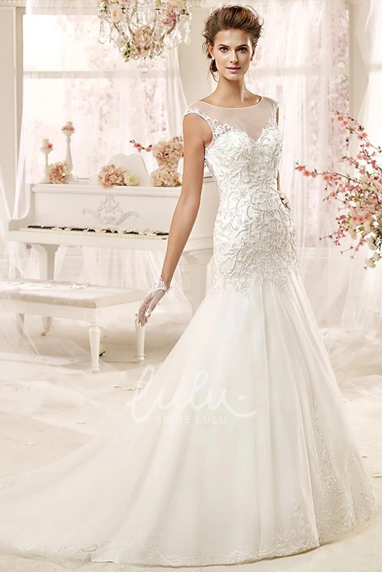 Illusion Wedding Gown with Beaded Appliques and Open Back Unique Wedding Dress