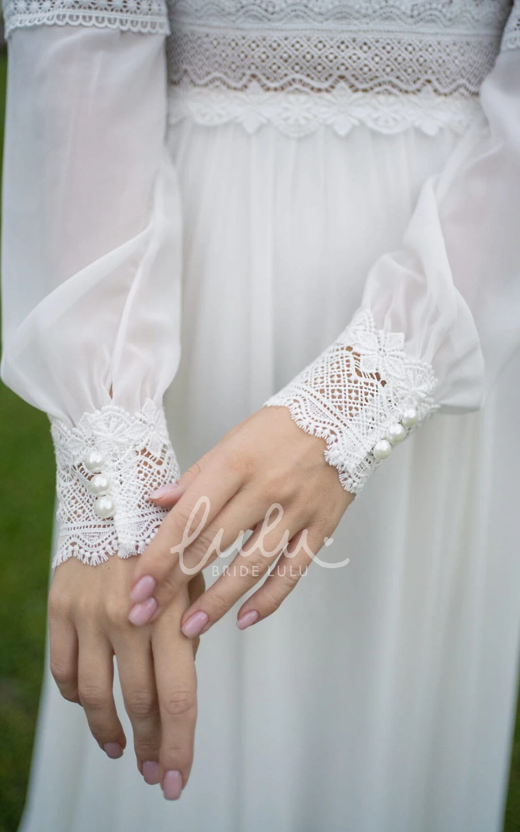 Poet Sleeve A-Line Chiffon Beach Wedding Dress with V-Neckline and Illusion Low-V Back