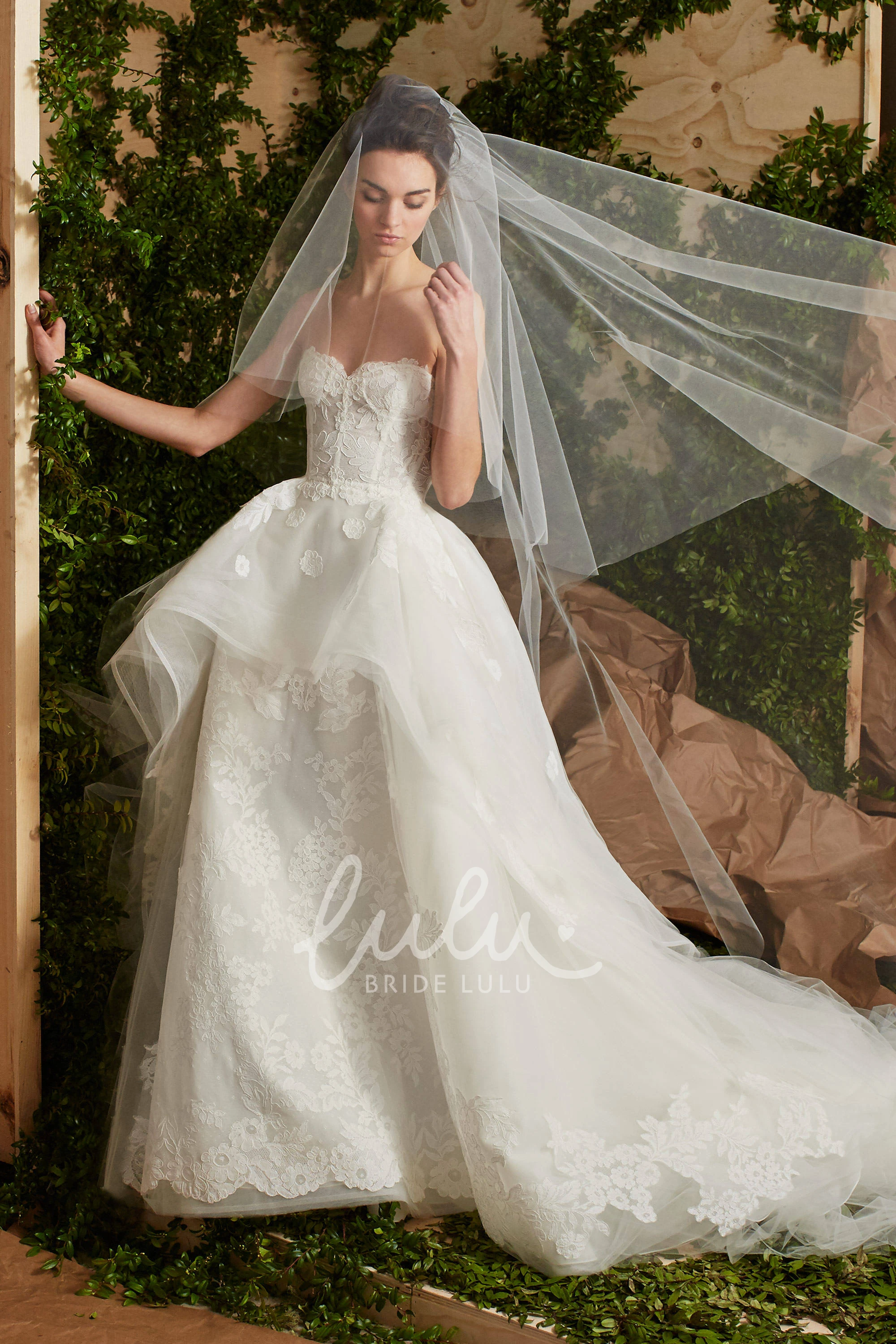 Appliqued Strapless Tulle Wedding Dress A-Line Style with Long Sleeves