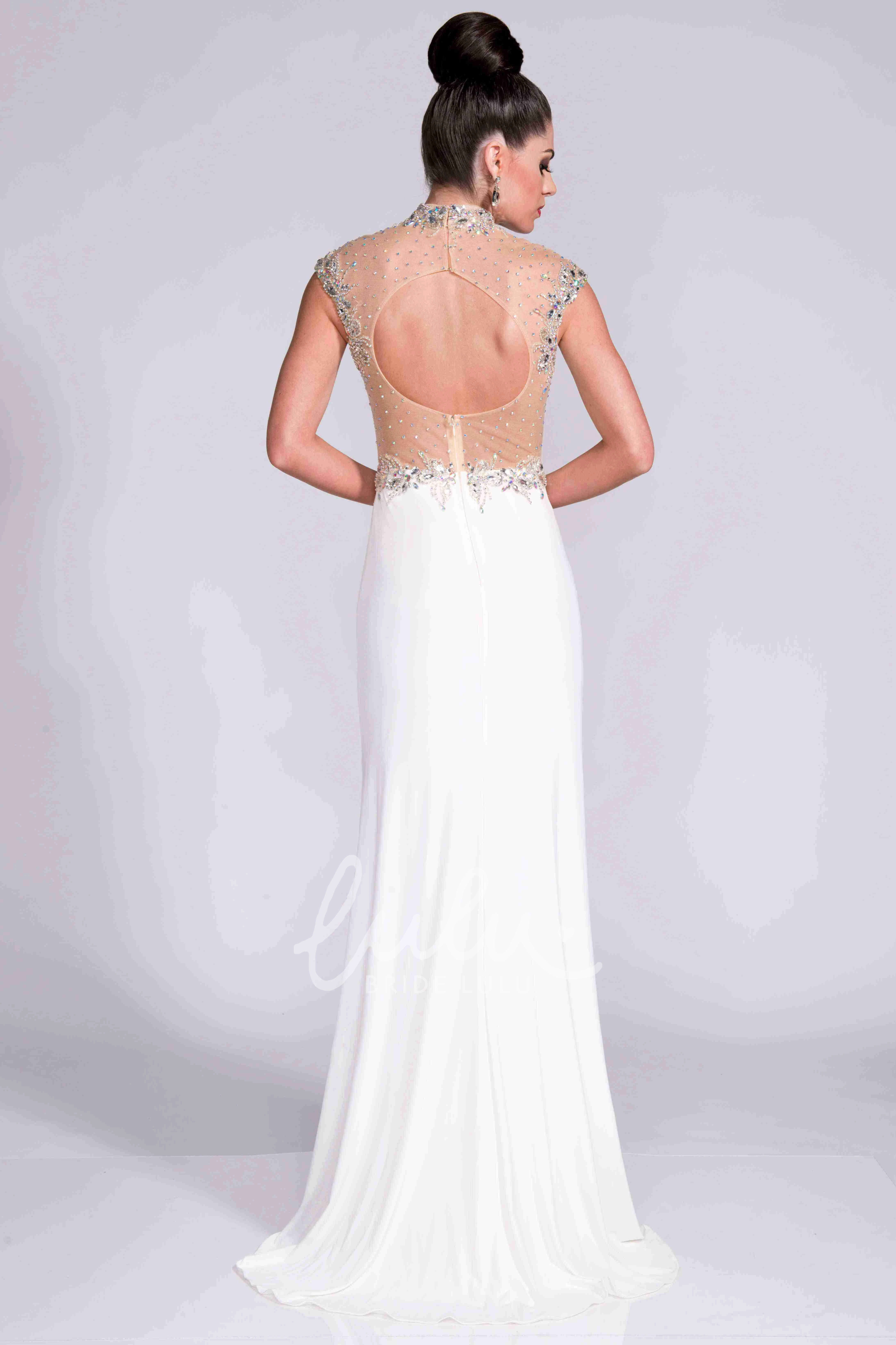 Keyhole Back Cap Sleeve Jersey Prom Dress with Shining Top High Neck & Chic
