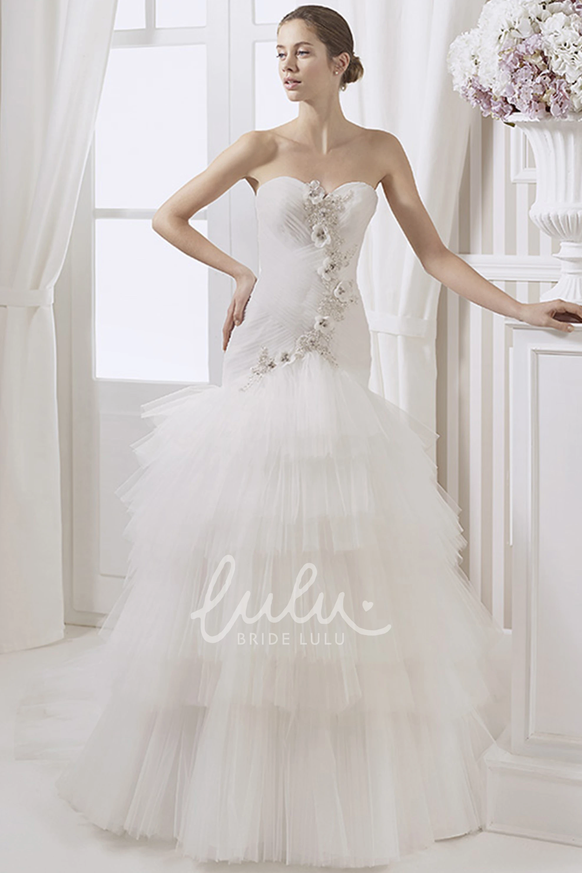 Sweetheart Trumpet Tulle Wedding Dress with Ruching Flowers and Tiers