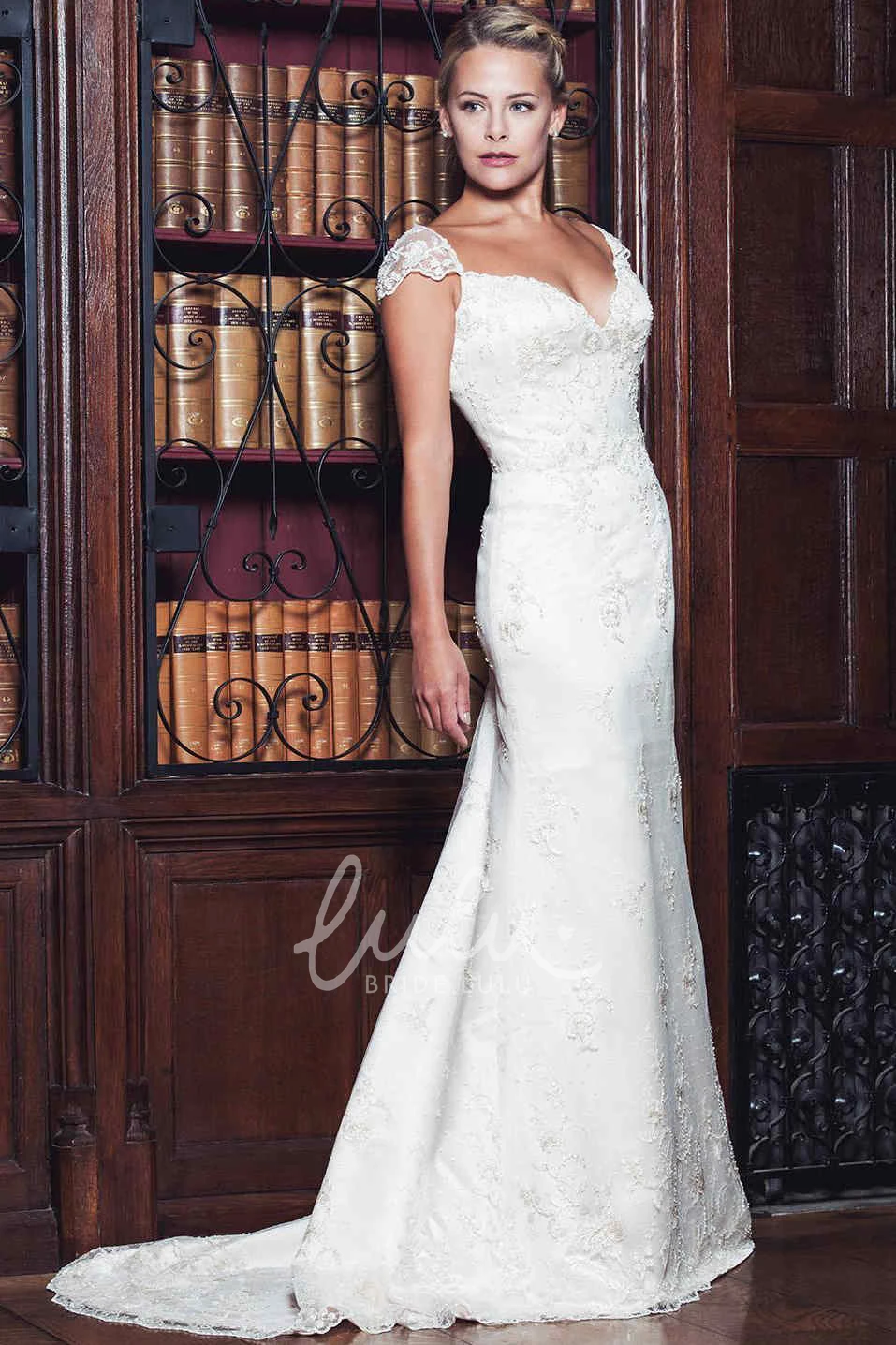 Maxi V-Neck Lace Sheath Wedding Dress with Cap Sleeves