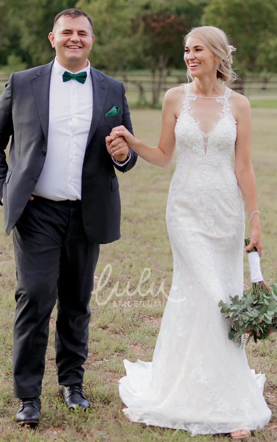 Casual Lace Mermaid Wedding Dress with Jewel Neckline and Illusion Back Unique Style