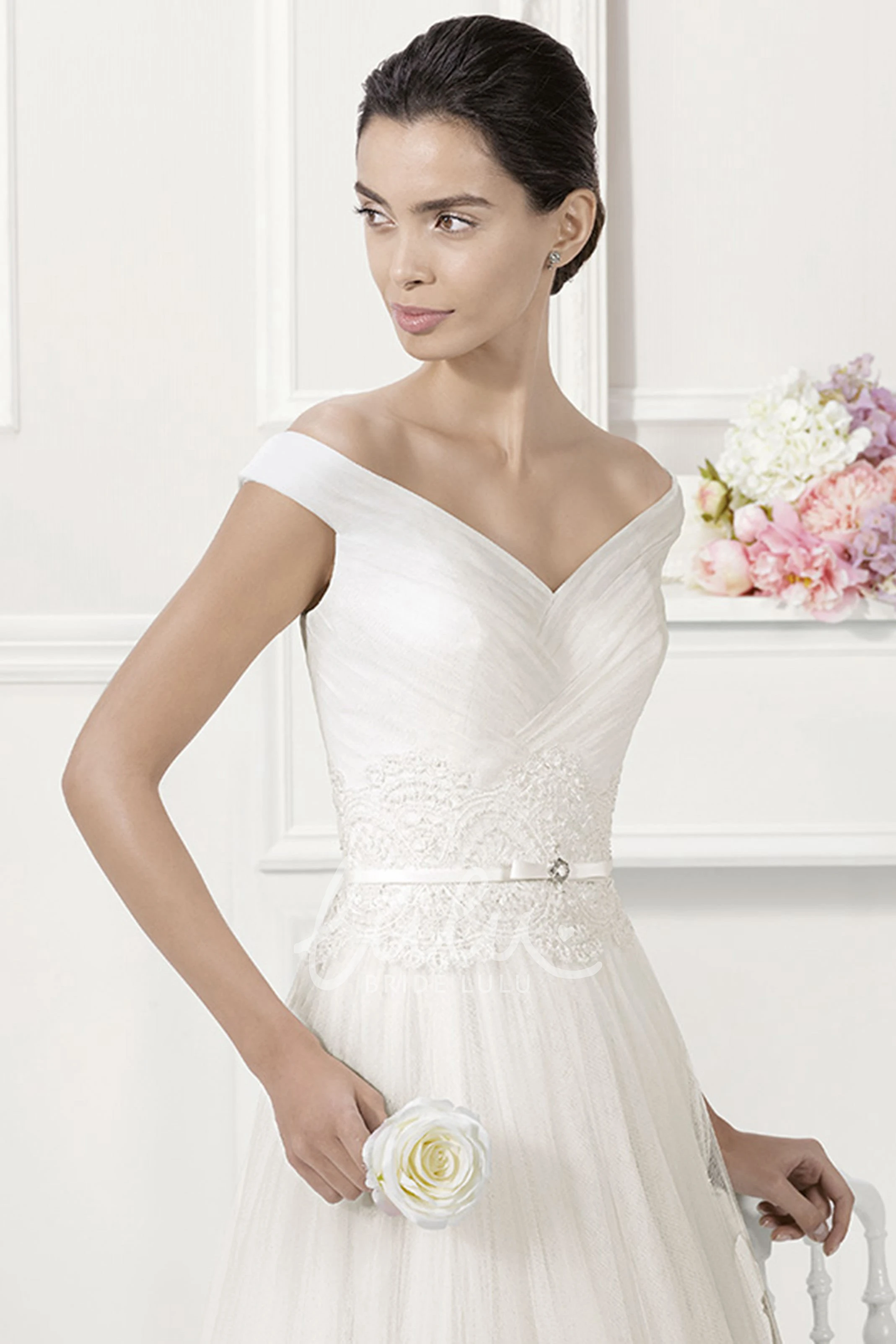 Pleated Tulle Off-Shoulder Wedding Dress with V-Neck and Belt