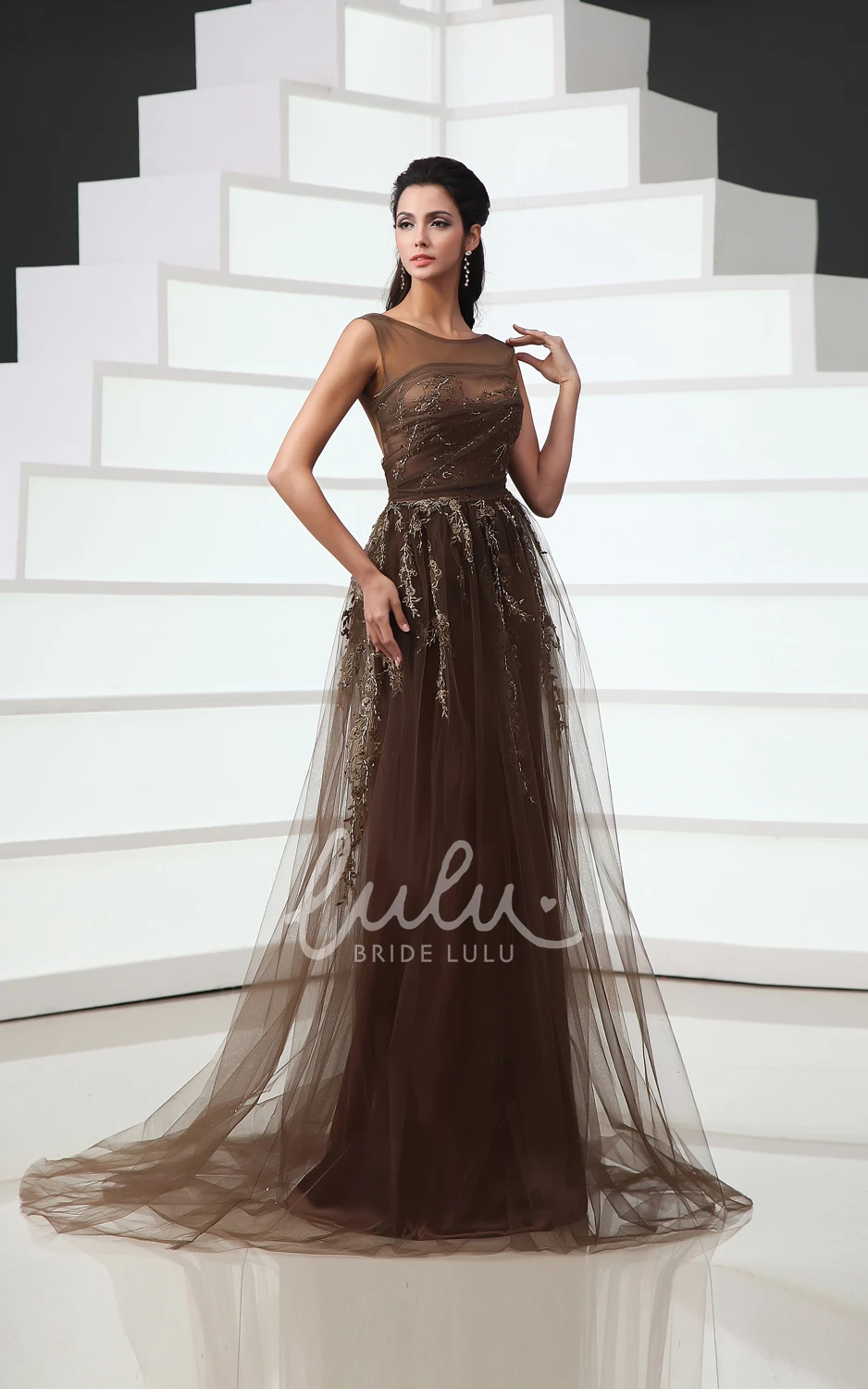 Tulle Cap-Sleeved A-Line Backless Gown With Sequins And Embroidery