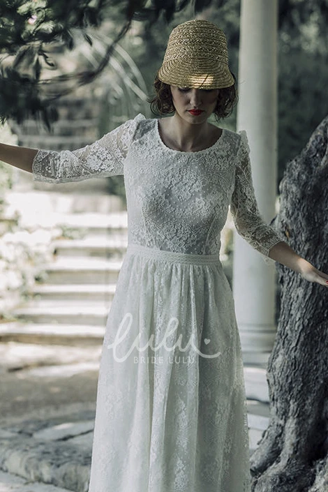 Tea-length Vintage Lace Wedding Dress with V-back and Scoop Neck