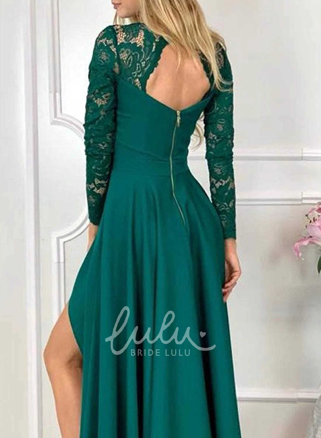 Long Sleeve Lace Taffeta Illusion Formal Dress with Ruffles