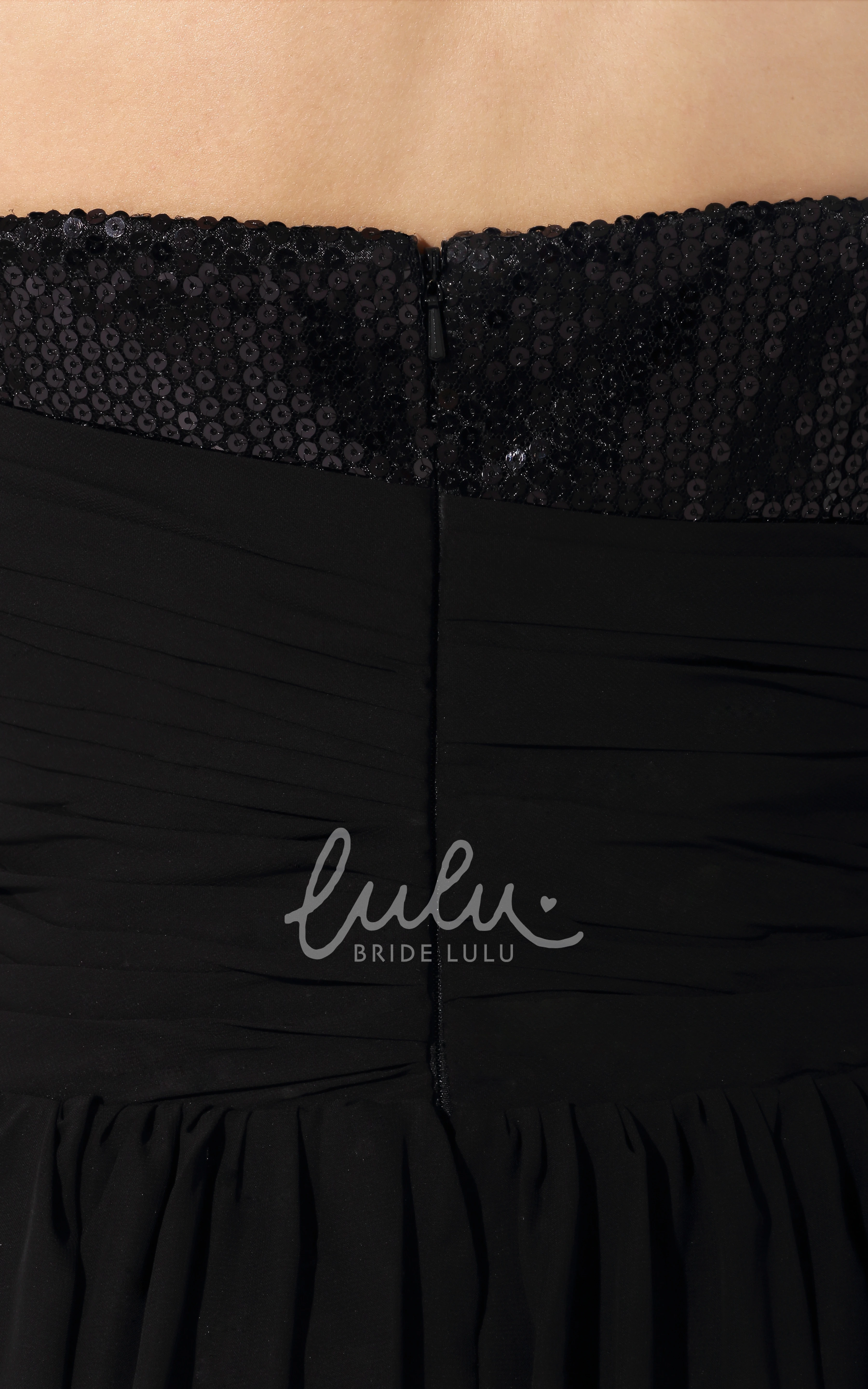 Sexy Black Sleeveless Short Chiffon Dress Sparkly Elegant Sleeveless Backless Gown With Sequins and Sweep Train