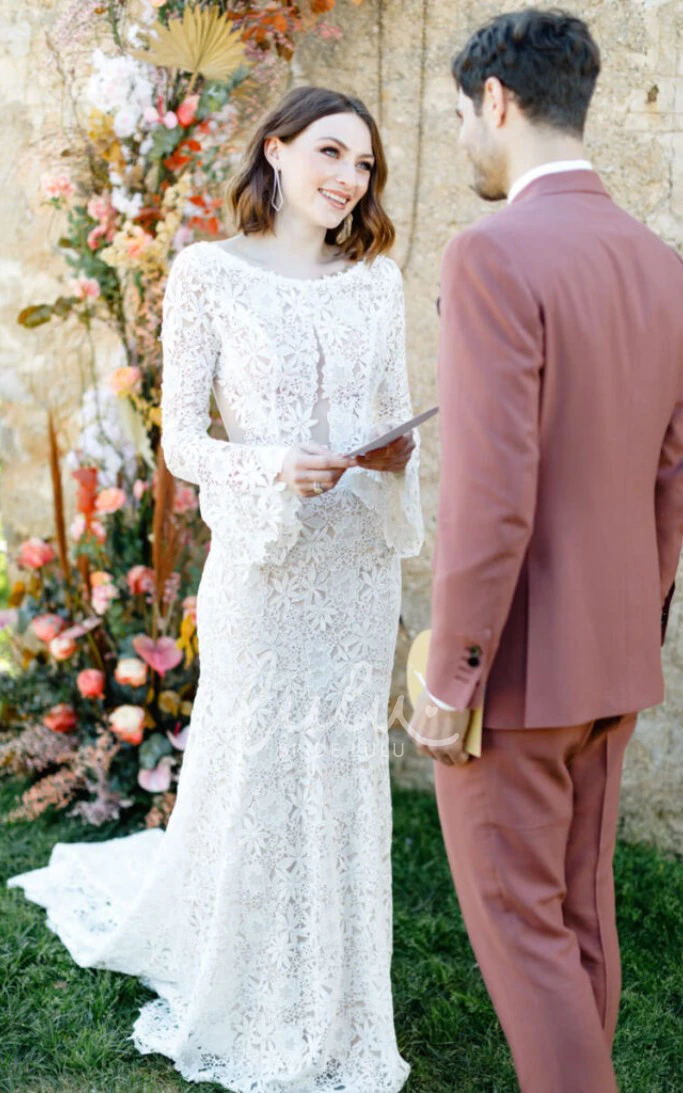 Bohemian Bateau Beach Wedding Dress with Illusion Back and Ruching Lace Sheath