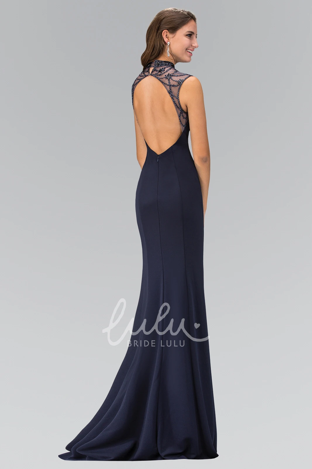 Keyhole Sheath Jersey Dress with Jewel Neck and Beading