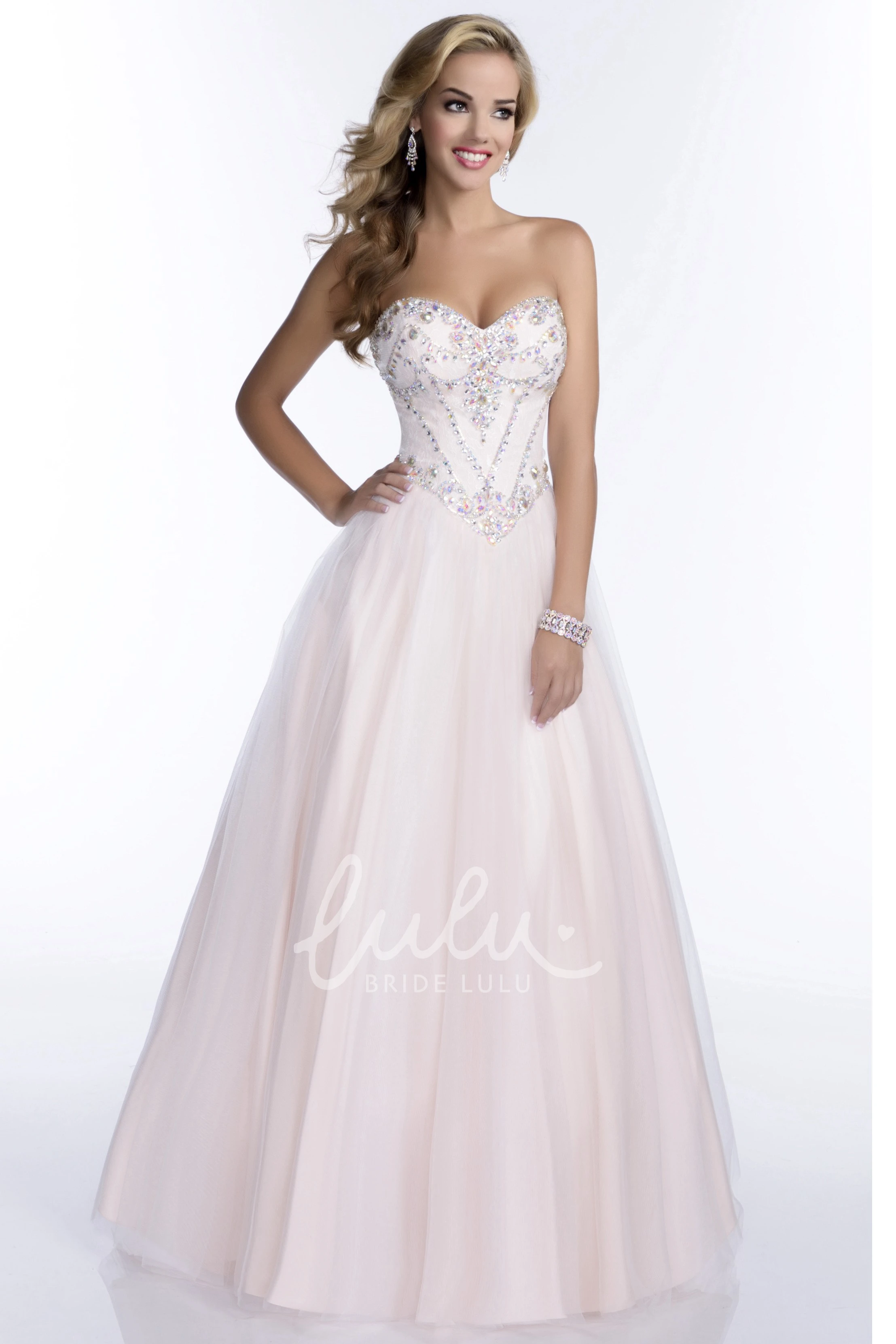 Beaded Bodice Tulle A-Line Prom Dress with Irregular Waistline Flowy Prom Dress
