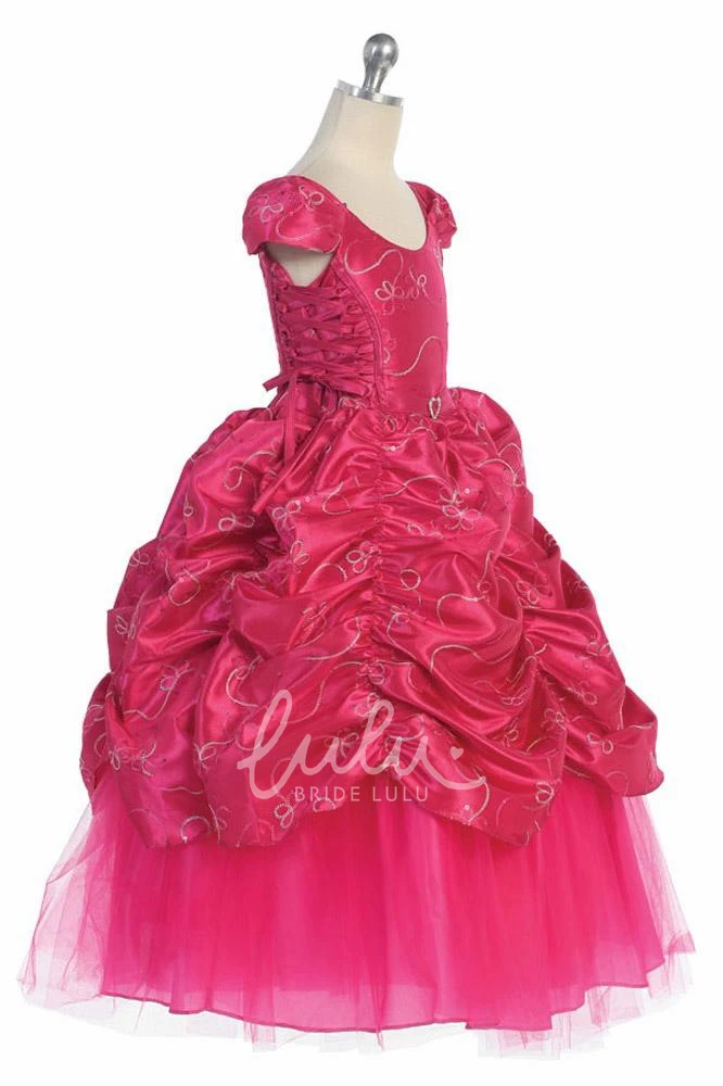 Embroidered Lace Flower Girl Dress with Brooch Ankle-Length Tiered