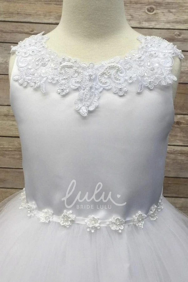 Appliqued Tulle&Sequins Tea-Length Flower Girl Dress with Floral Design