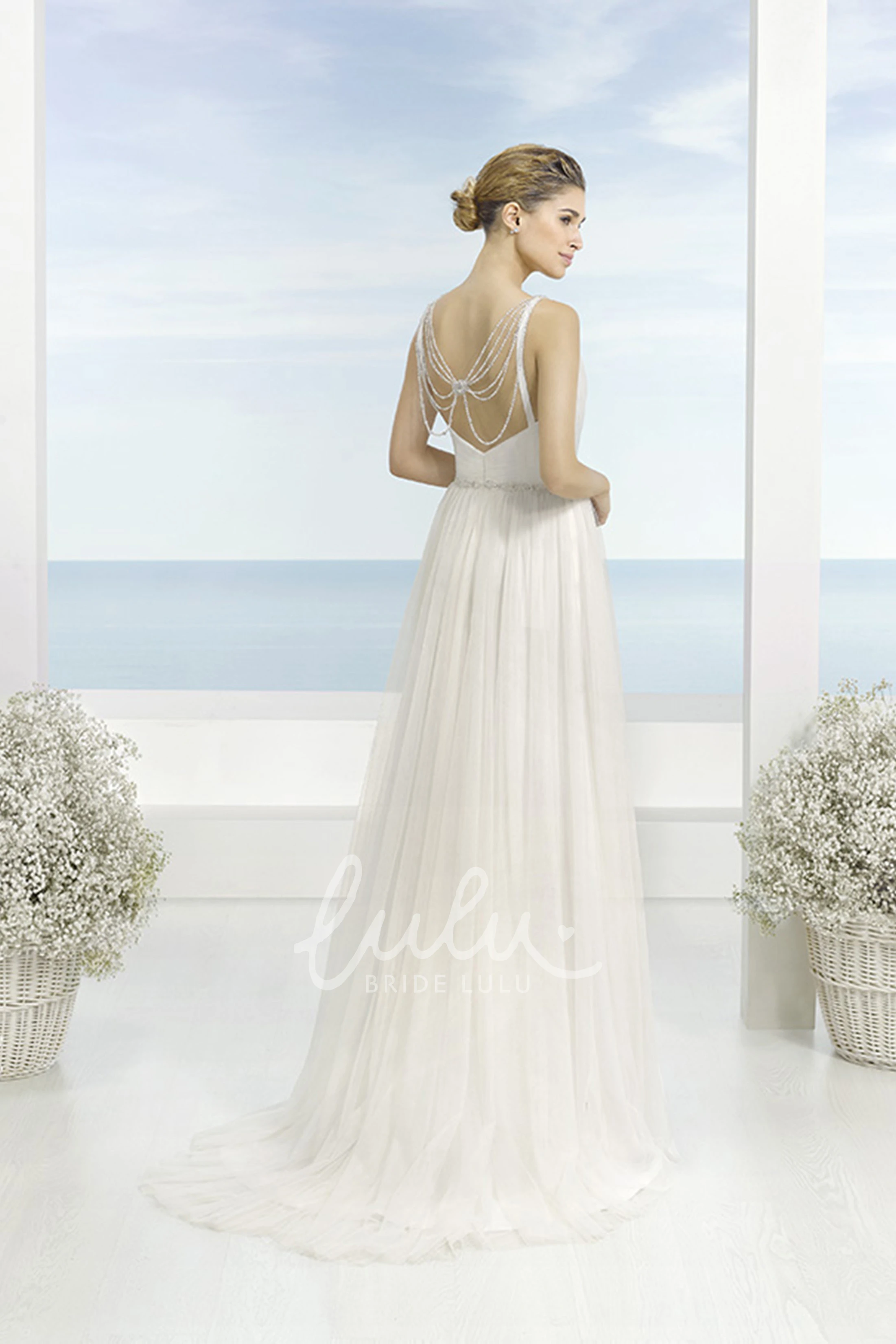 V-Neck Ruched Tulle Wedding Dress with Waist Jewelry and Low-V Back A-Line Wedding Dress