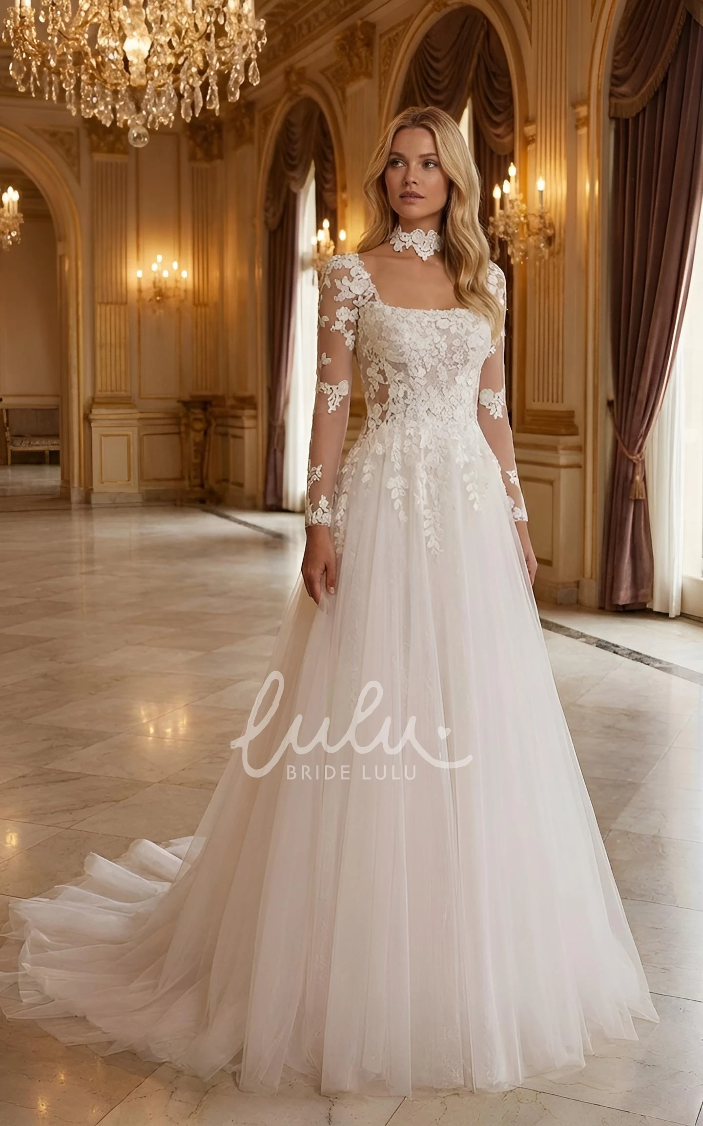 Modern Square Neck Lace Long Sleeves Wedding Dress Flowy A-Line Bridal Gown with Open Back
