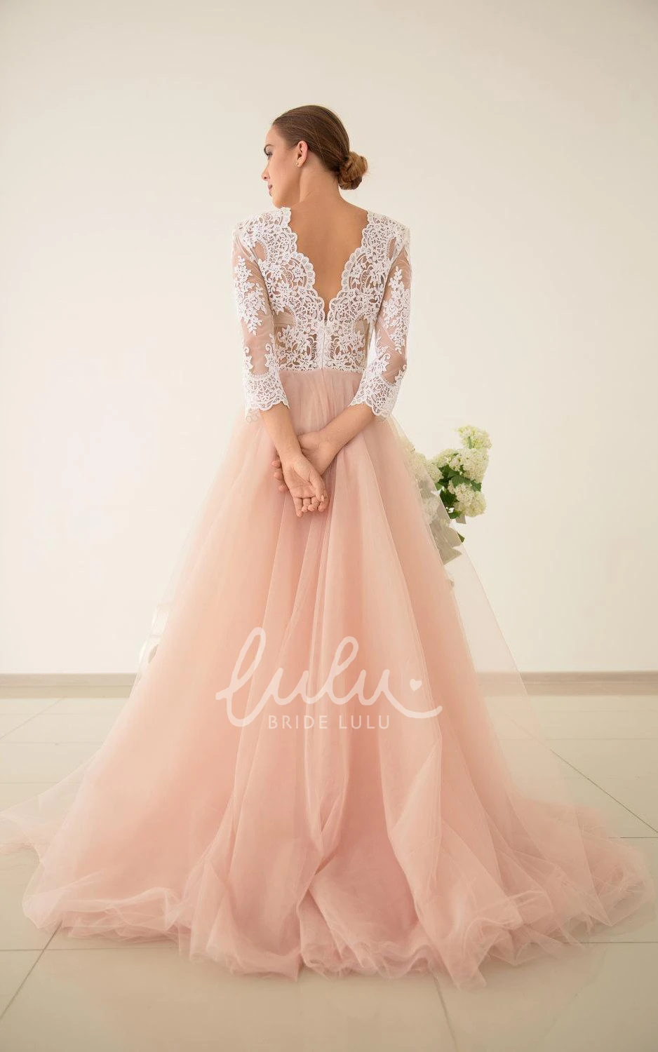 Pink Lace and Tulle Wedding Dress with Sleeves and Sash