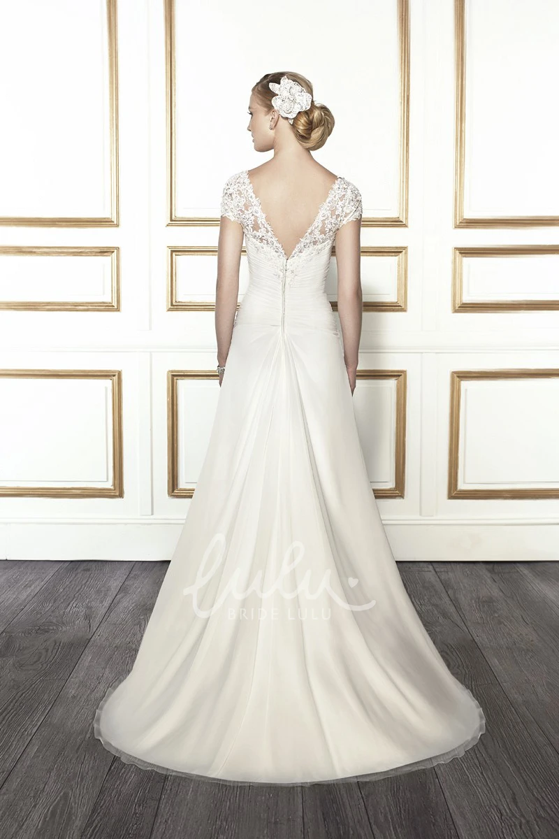 A-Line Cap-Sleeve Wedding Dress with Appliques Floor-Length Chiffon