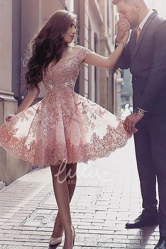 Off-the-shoulder Lace A-line Homecoming Dress with Pleats and Ruffles