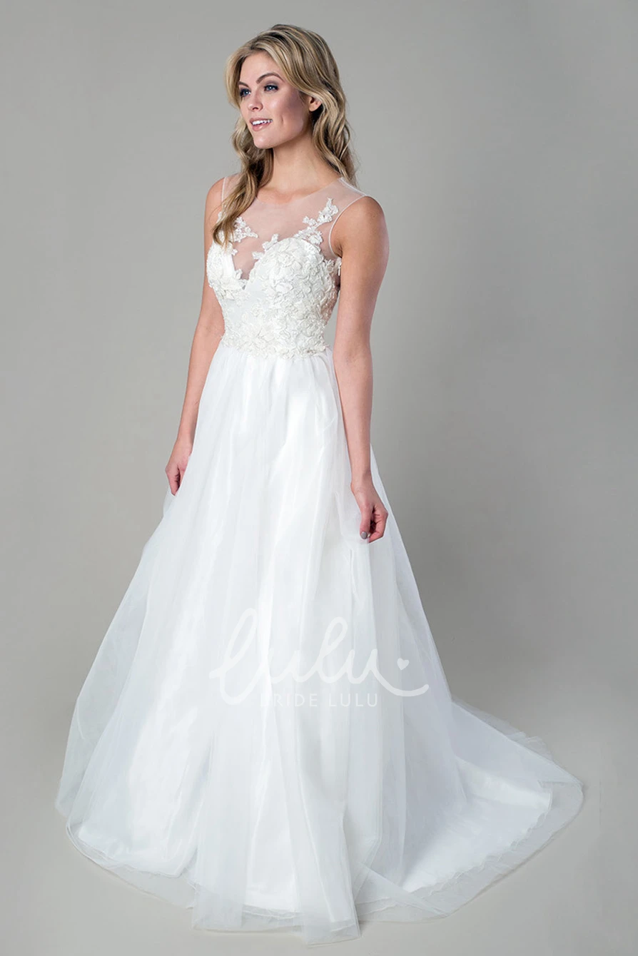 A-Line Appliqued Satin&Tulle Wedding Dress Sleeveless Scoop-Neck Dress Unique