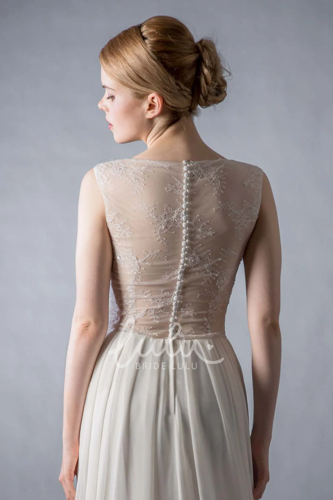 Sheath Beaded Satin&Chiffon Wedding Dress with Scoop Cap-Sleeve & Illusion Back