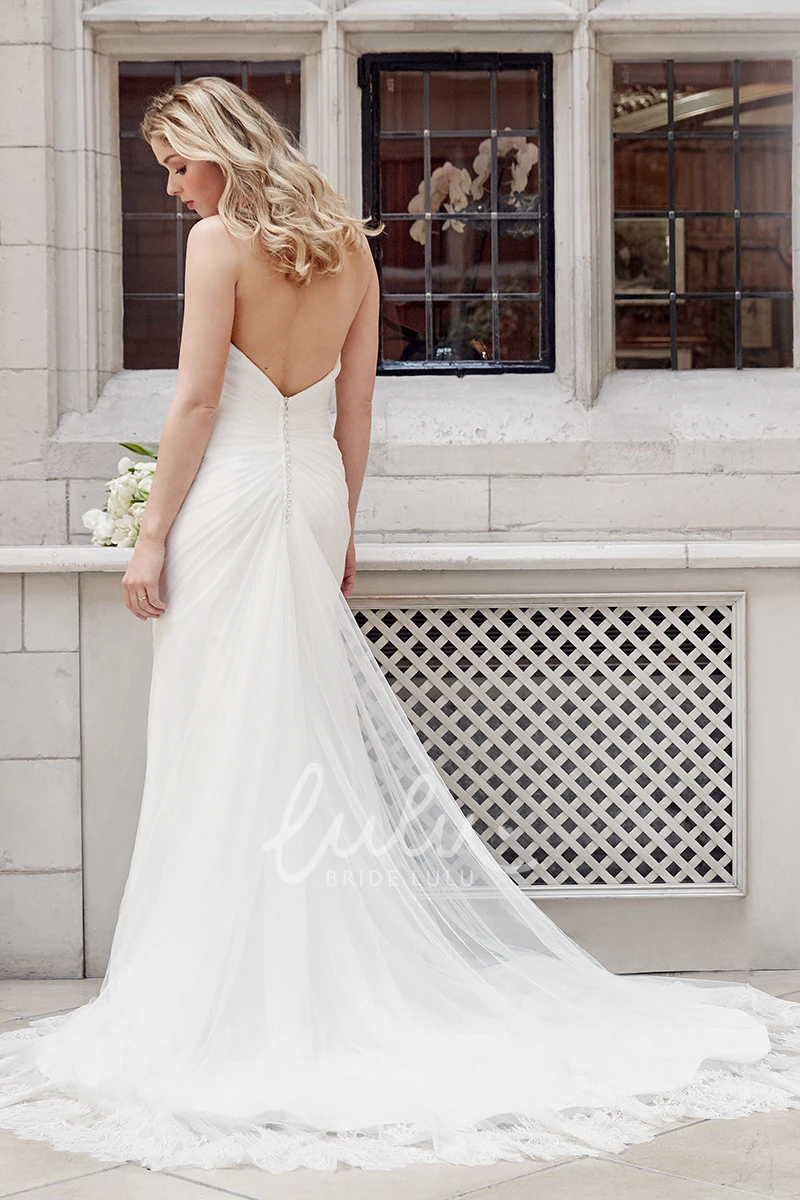 Side-Draped Tulle Strapless V-Back Court Train Wedding Dress Long