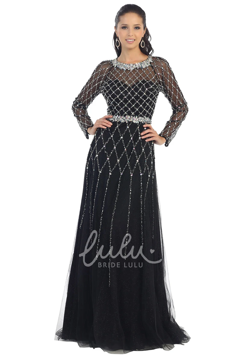Jewel-Neck Long Sleeve Tulle Dress with Beading A-Line Formal Dress