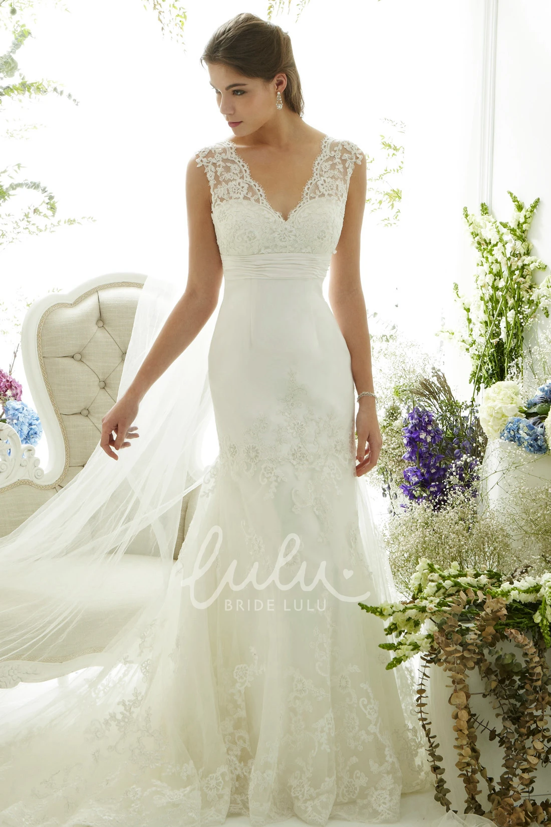 V-Neck Cap-Sleeve Lace Spring Wedding Dress Sheath Elegant 2026 Women's