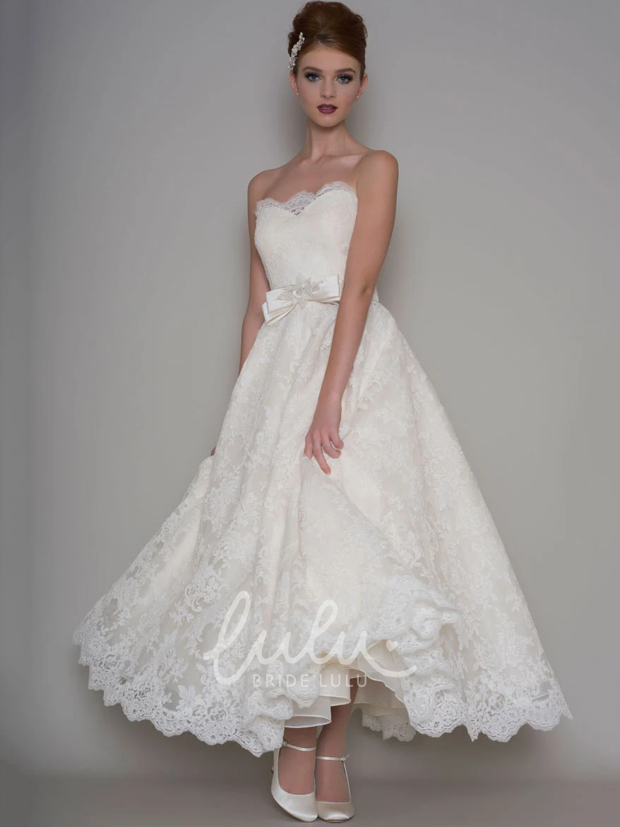 Lace Strapless Ankle-Length A-Line Wedding Dress with Bow Elegant Bridal Gown