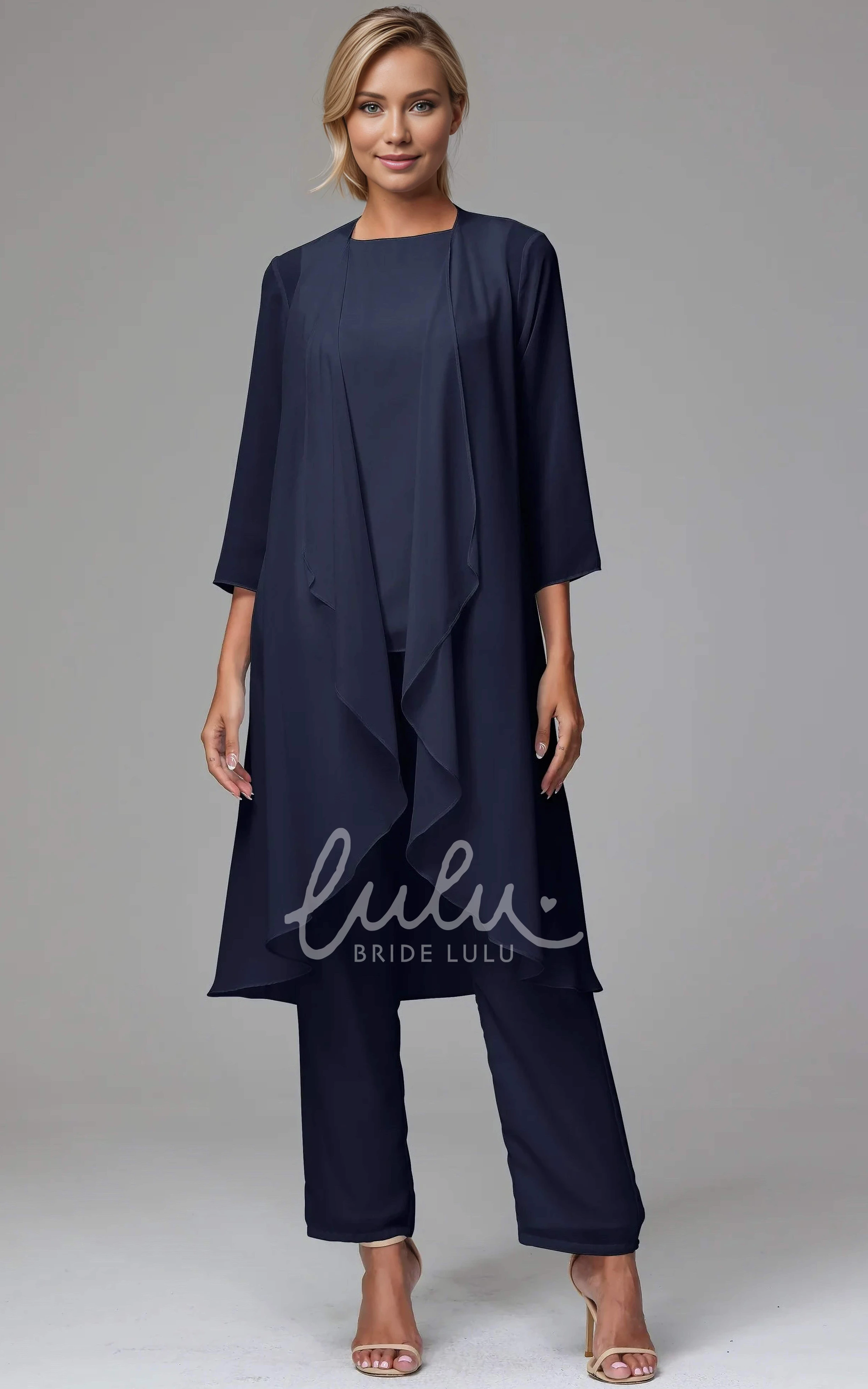 Elagant Dark Navy Blue 3 Pieces Sleeved Chiffon Bateau Neckline Mother of the Bride Pant Suit