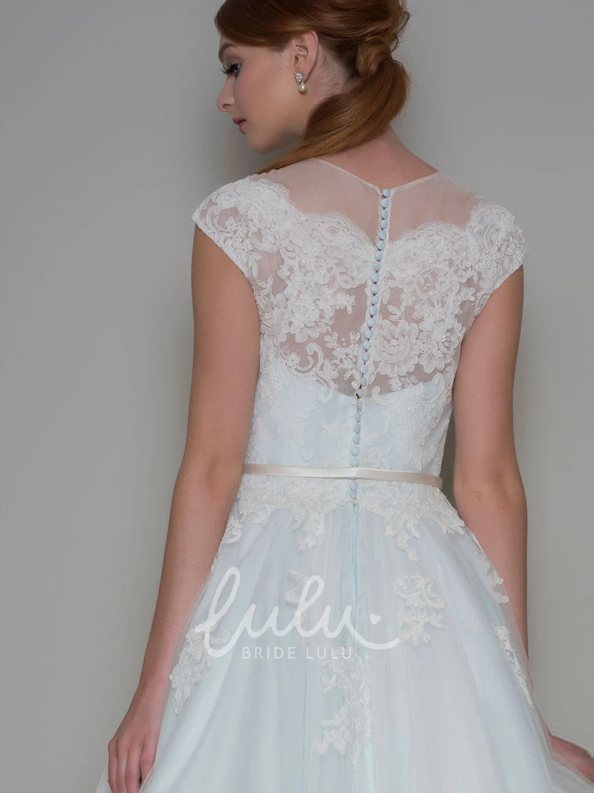 Tulle Cap Sleeve Ankle-Length A-Line Wedding Dress with Applique Unique Bridal Gown