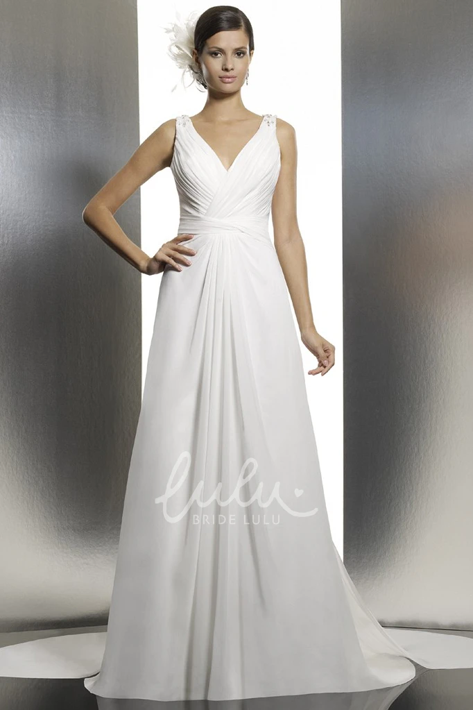 Ruched Chiffon Wedding Dress with Court Train and Illusion V-Neckline and Long Length