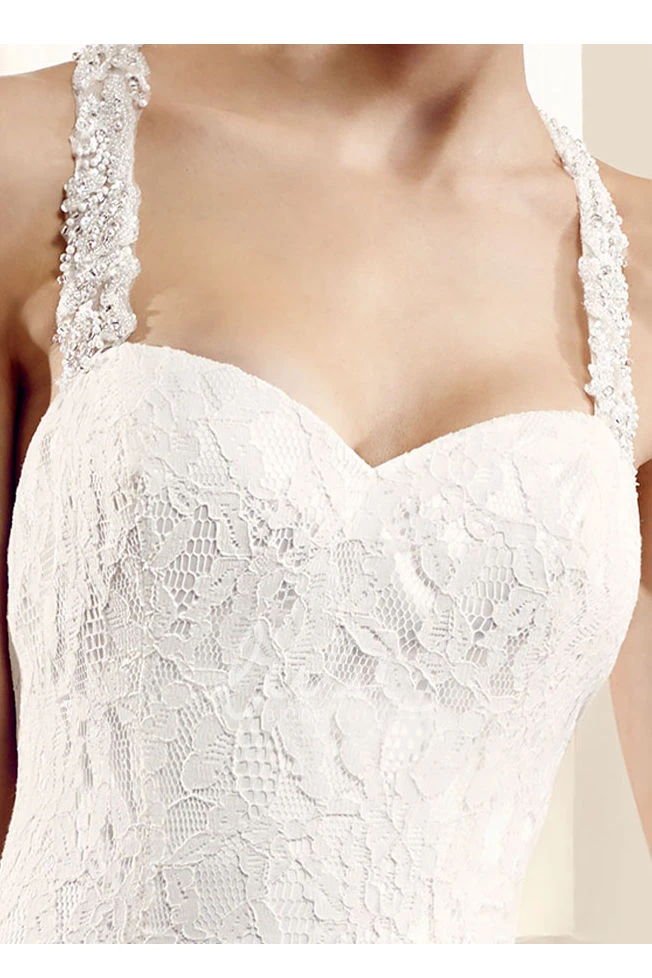 Halter Lace Wedding Dress with Brush Train Floor-Length