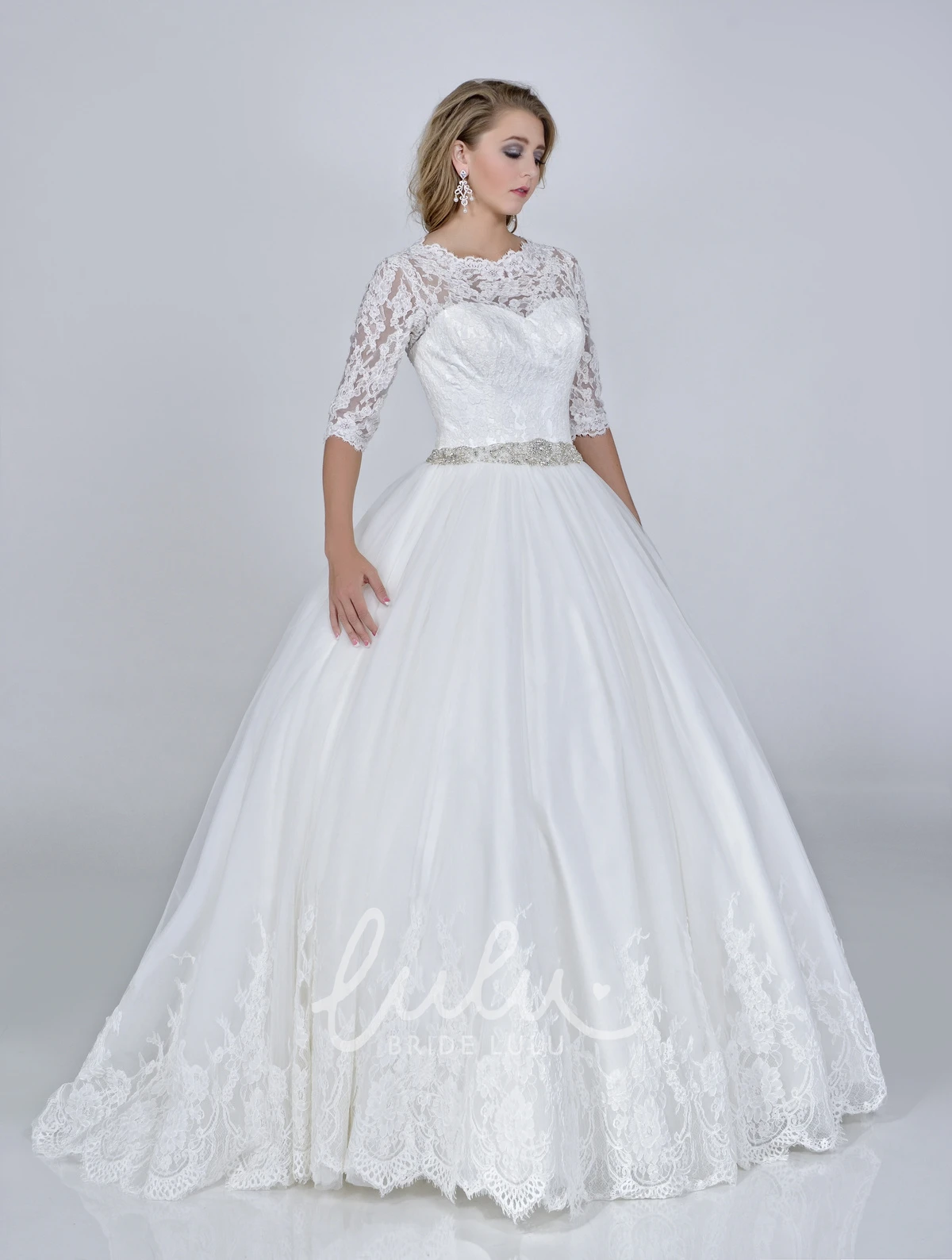 Satin Ball Gown with Crystal Detailed Waist Half Sleeve Lace and Satin