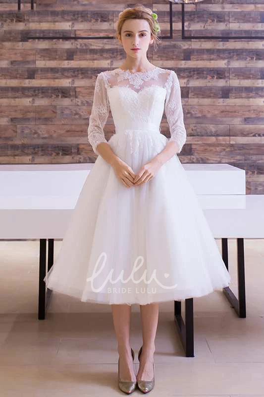 Tea Length Pleated Lace Dress with Jewel Neck and Long Sleeves