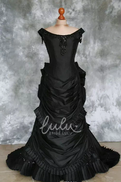 Taffeta A-Line Wedding Dress with Beading Ruffles and Tiers Bateau Neck Floor-length Short Sleeves