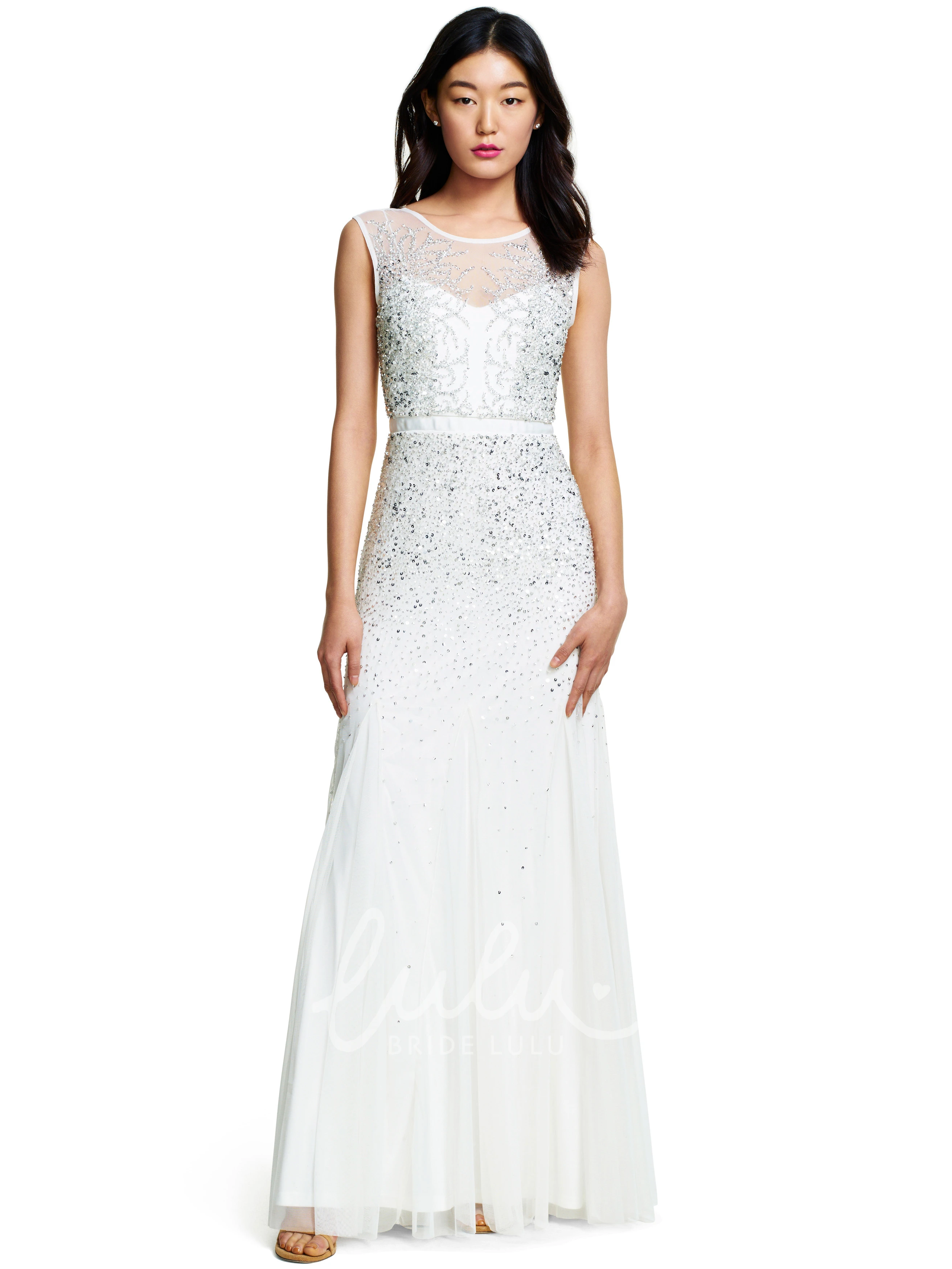 Sequined Sheath Bridesmaid Dress with Sleeveless Scoop Neck and Low-V Back in Tulle